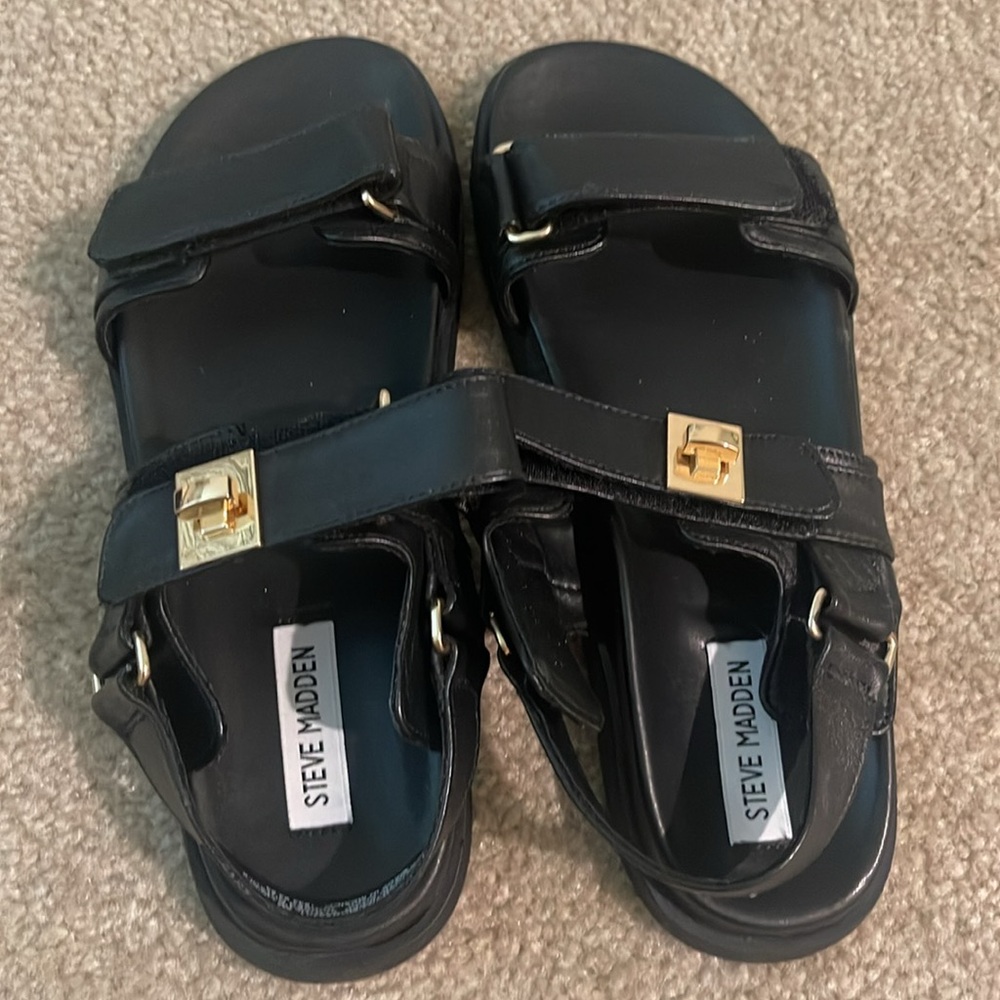 STEVE MADDEN BIGMONA BLACK LEATHER SANDALS